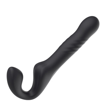 Mina Surge Remote Thrusting Vibrating Strapless Strap On displayed with thrusting modes indicated, perfect for intimate exploration.